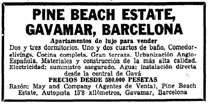 Anunci de Pine Beach de Gav Mar publicat al diari La Vanguardia el 29 de Novembre de 1964 on s'assegura el subministrament d'aigua i d'electricitat